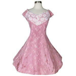 Vintage 80s 90s Pink Floral Lace Short Full Skirt Prom Cocktail Party Dress L